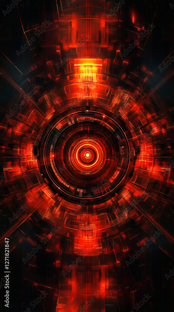 Poster glowing red portal opening in futuristic cyberspace environment, perfect for technology and innovati