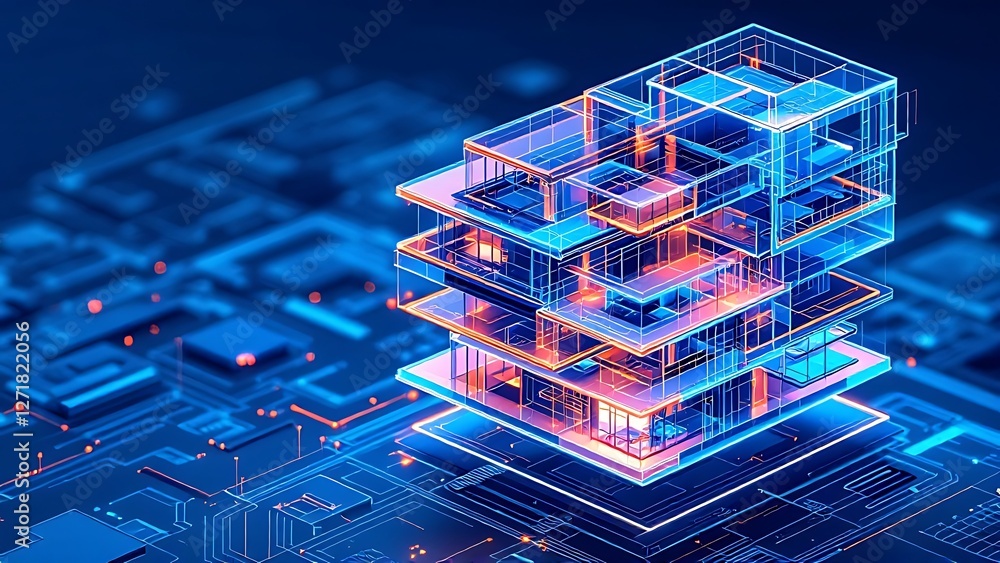 Aufkleber digital construction building information modeling bim concept with 3d model and blueprints vector i