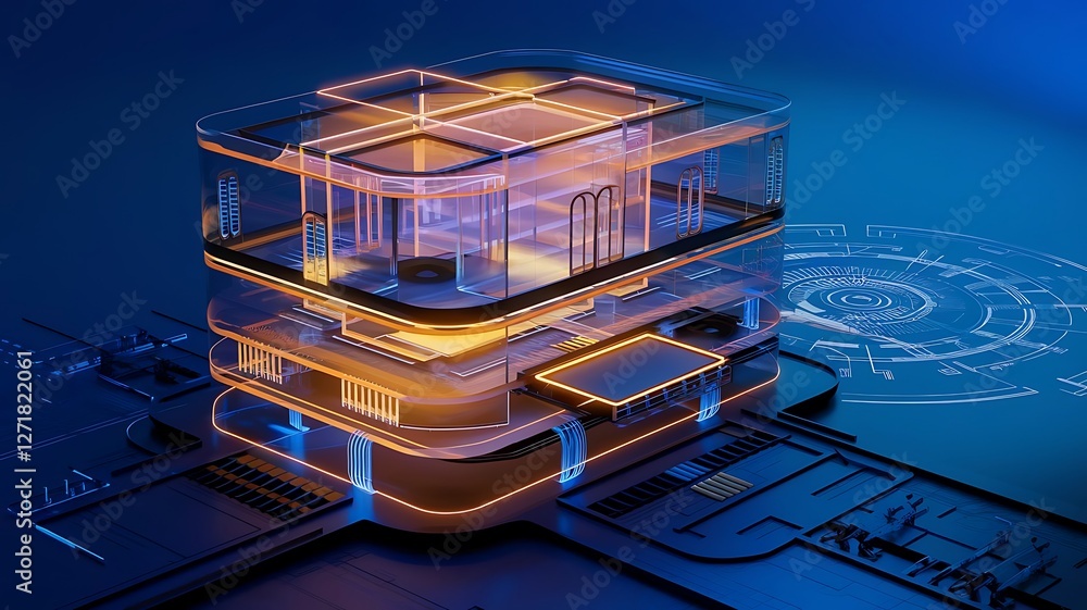 Aufkleber digital construction building information modeling bim concept with 3d model and blueprints vector i