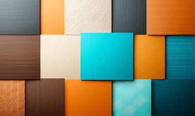 Vibrant textured panels in orange, teal, and brown create modern aesthetic. arrangement showcases various patterns and colors, perfect for design inspiration
