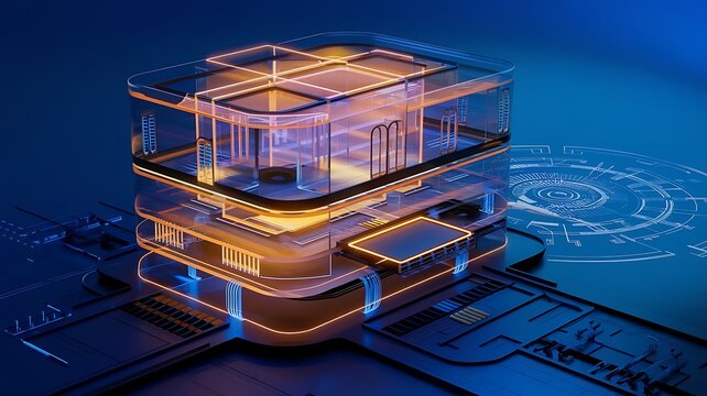 Digital construction building information modeling bim concept with 3d model and blueprints vector illustration