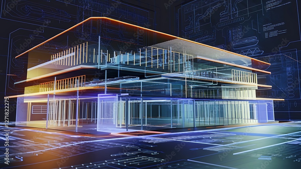 Poster digital construction building information modeling bim concept with 3d model and blueprints vector i
