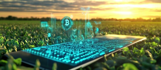 Smartphone with Digital Analytics Displayed in a Crop Field, Farm and Technology, Technology in Agriculture, Growing products with Artificial Intelligence, AI, Selective Focus