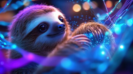 Adorable Sloth in a Vibrant Neon Glow, Surrounded by Abstract Lights and Shapes