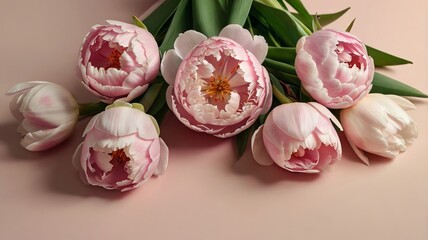 Peony Tulips on Pastel Background, Minimalist Flat Lay