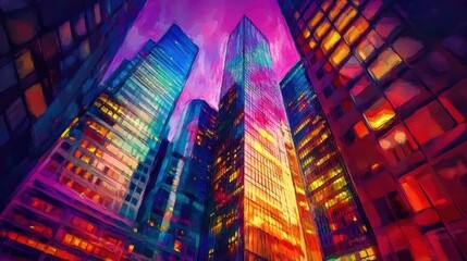 Artistic painting of skyscrapers.Abstract style.Cityscape panorama.