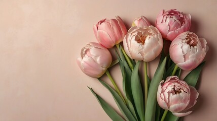 Peony Tulips on Pastel Background, Minimalist Flat Lay