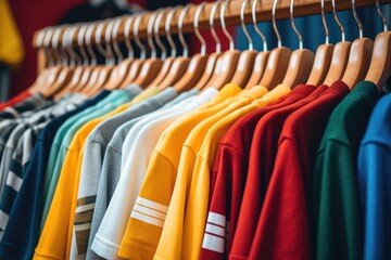 Fototapeta premium Colorful clothing rack with assorted t-shirts and sweatshirts. Retail store display of casual apparel. Fashion boutique inventory. Bright garments on wooden hangers.