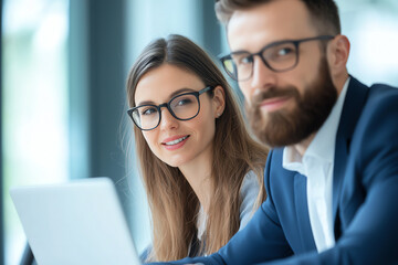 Obraz premium Professional business meeting with woman and man in glasses