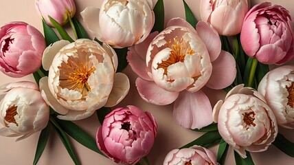 Peony Tulips on Pastel Background, Minimalist Flat Lay
