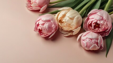 Obraz premium Peony Tulips on Pastel Background, Minimalist Flat Lay