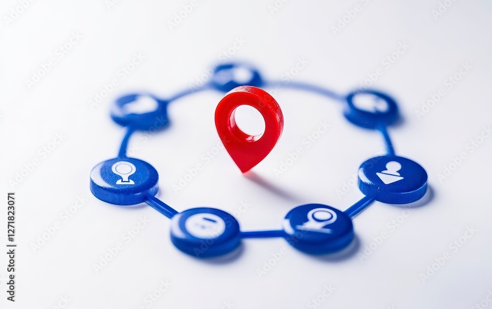 Poster red location marker and blue network icons on white background with various