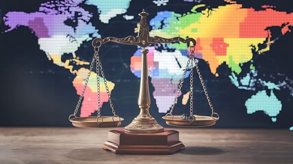 A global finance law concept with scales of justice overlaid on a world map filled with stock market symbols