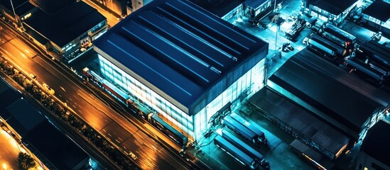 Obraz premium Aerial Industrial Complex at Night with Warehouses and Transportation