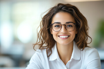 Happy businesswoman smiling in office setting, wearing glasses and white shirt, exuding confidence and professionalism