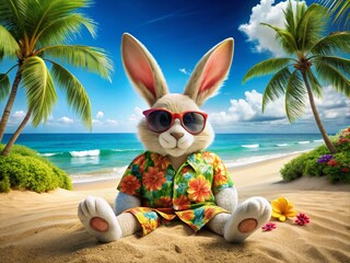 Easter Bunny Tropical Getaway:  Ready for Vacation, Fun Spring Wallpaper Background