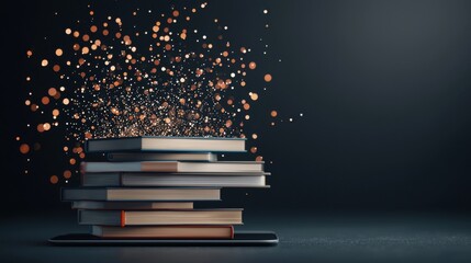 Exploring online education digital library on tablet screen virtual reading environment glowing books concept