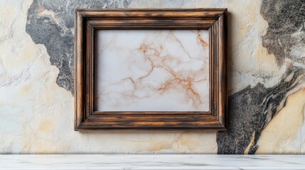 Rustic wooden picture frame on marble wall background. Premium frame template