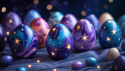 Easter eggs decorated with a cosmic theme, featuring galaxy patterns, stars, and nebulae. A unique blend of festive tradition and outer space aesthetics.