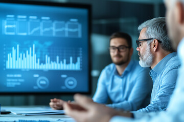 Diverse business team engaged in meeting, discussing data analytics and strategies in modern conference room. atmosphere is focused and collaborative