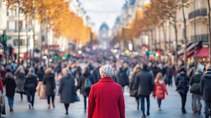 Elderly Person Walking Along A Bustling Parisian Street With Vibrant Autumn Colors