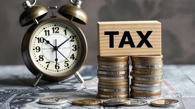 Tax season. Taxation. Word Tax on wooden blocks, calculator, coins stack, clock. Paperwork, financial research, report. Calculation tax. Personal banking. Finance. Planning budget. Calculating expense