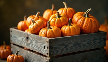 Bright pumpkins overflowing a weathered wood box, wooden crate, fall scene, vintage