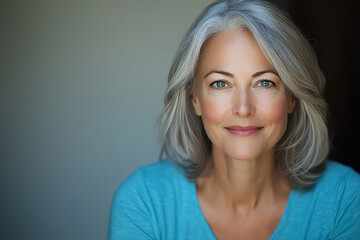 Naklejka premium close up portrait of senior woman with silver hair, smiling gently, showcasing her natural beauty and confidence. soft lighting enhances her features and creates warm atmosphere