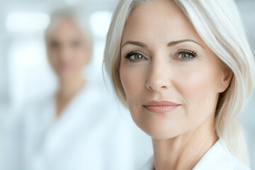 Obraz premium Experienced woman with silver hair and confident expression, wearing white coat, stands in bright environment. blurred figure in background adds depth to scene