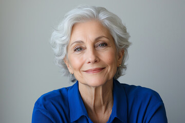 Fototapeta premium close up portrait of senior woman with gray hair, smiling gently, wearing blue shirt. image conveys warmth and wisdom, highlighting her serene expression