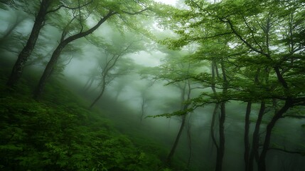 Fototapeta premium Misty Green Forest Enveloped In Foggy Atmosphere
