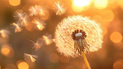 Dandelion Seed Head Gently Blowing in a Warm Sunset Breeze
