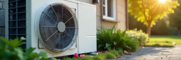 Close-up of air source heat pump's outdoor components, tubes, technology, electronics