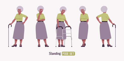 Senior woman, african american old lady, kind grandmother standing set. Experienced grandma, grey hair, older elegant nice looking granny, elderly person care. Vector flat style cartoon illustration