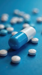 Close-up of bisected white pill on blue Reduced dosage concept , dosage, broken