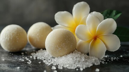 Three bath bombs and two frangipani flowers with salt