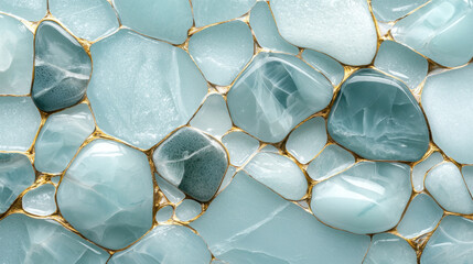 Aqua blue stones with gold veins create luxurious abstract texture, resembling ice. smooth, polished surface and intricate patterns evoke sense of elegance and tranquility