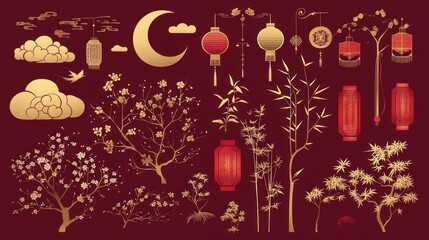 Asia elements. Chinese festive decor gold floral patterns and ornament, lanterns, clouds and moon, flowers sakura branch oriental vector set. Japanese decoration symbols as bamboo and branches