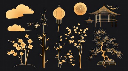 Asia elements. Chinese festive decor gold floral patterns and ornament, lanterns, clouds and moon, flowers sakura branch oriental vector set. Japanese decoration symbols as bamboo and branches
