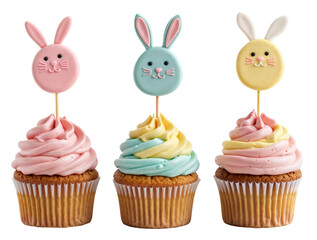 Bundle of three cupcakes with colourful frostings and a cute easter bunny candy on top, isolated on a transparent background