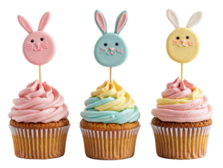 Bundle of three cupcakes with colourful frostings and a cute easter bunny candy on top, isolated on a transparent background