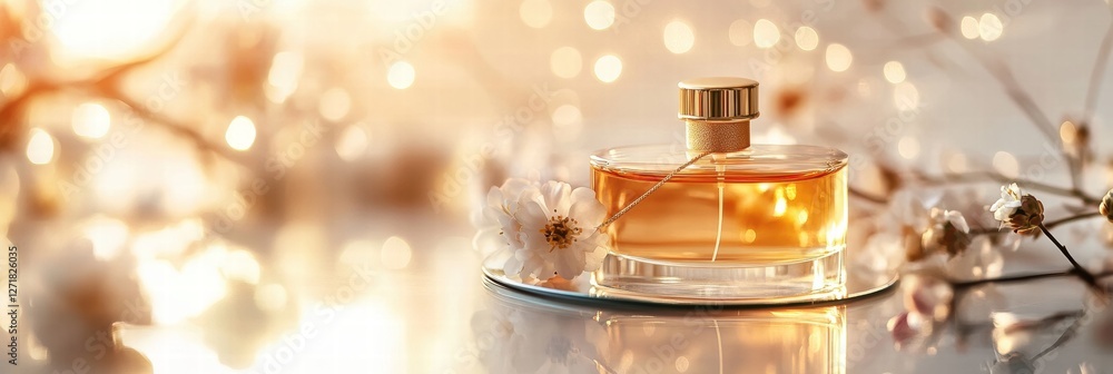 Poster elegant perfume bottle surrounded by delicate flowers with soft lighting creating a serene ambiance 