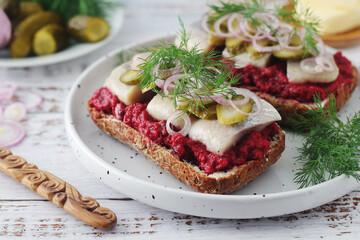 Scandinavian sandwiches with herring and beetroot	