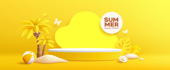 Summer yellow podium, coconut plam tree, beach ball, pile of sand, tropical leaf banner design on yellow background. EPS 10 Vector illustration