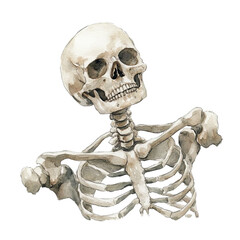 Watercolor Skeleton Upper Body Looking Upwards Ethereal Anatomy Art,