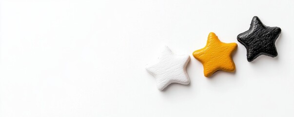 Fototapeta premium Three Shiny Stars on White Background Gold Black Silver Color Variation