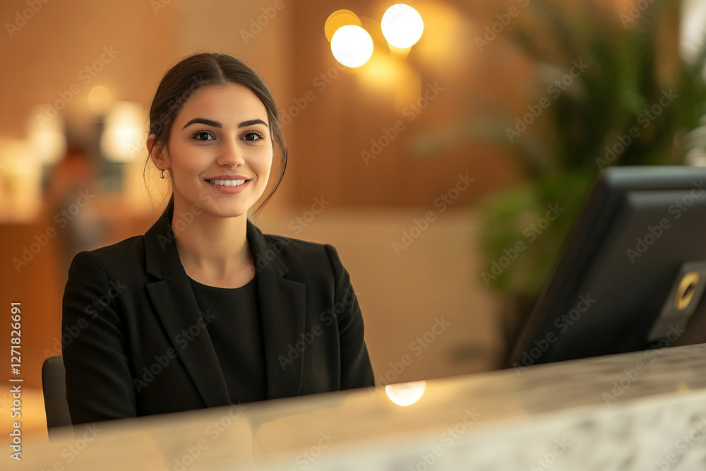 Poster happy receptionist talking to a customer at health spa generative ai image