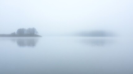 Foggy lake with distant tree silhouettes reflecting in calm water