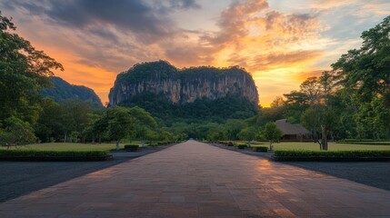 Fototapeta premium Asphalt road square and green mountain with sky clouds natural landscape at sunrise