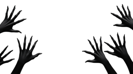 A group of scary black hands with long nails isolated on white or transparent background, png clipart